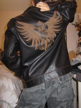 Faux Leather Bomber with Wing Design - Brown & Black - Toxic Hazard